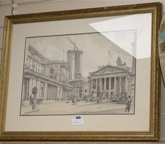 Dennis Flanders (1915-1994), watercolour and pencil, View of the Bank of England, London, 1950s, signed, 34 x 50cm